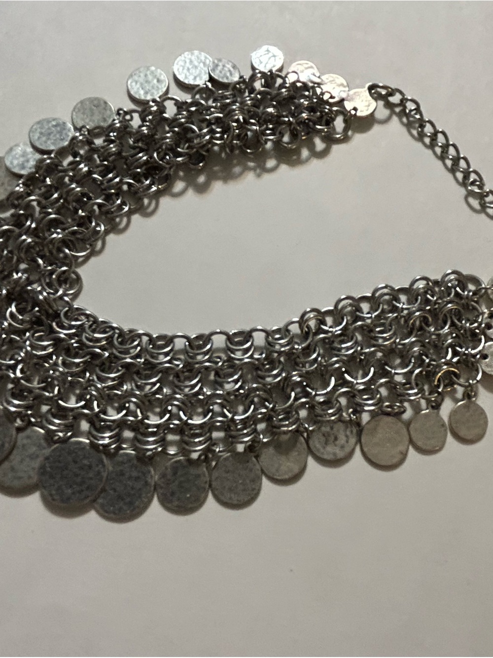 Chico’s Silvertone Multi Strand Chainmail Coin Bib Statement Necklace Boho